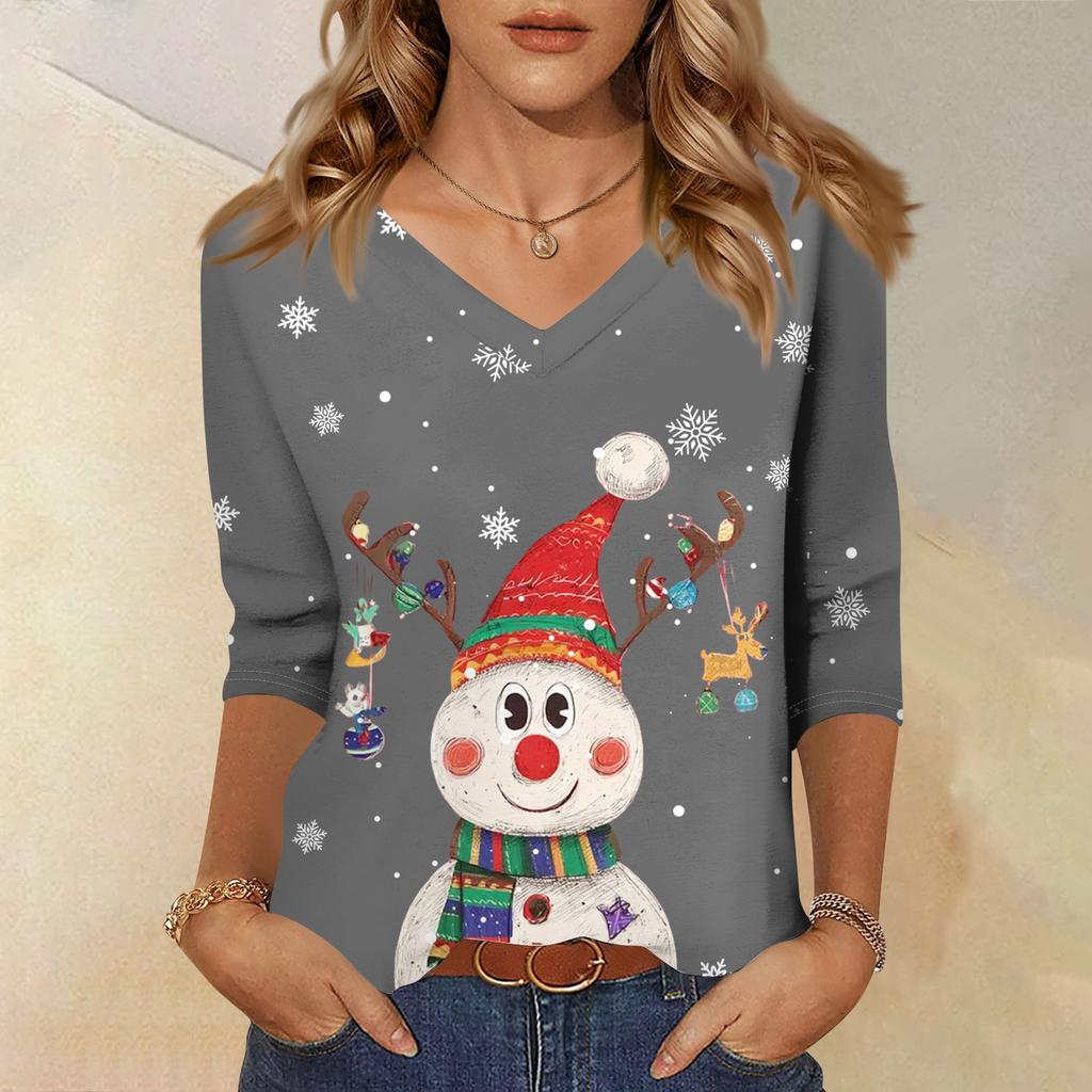 3/4 Sleeve Shirts For Women Print Christmas Tees Blouses Casual Plus Size Basic Tops Pullover