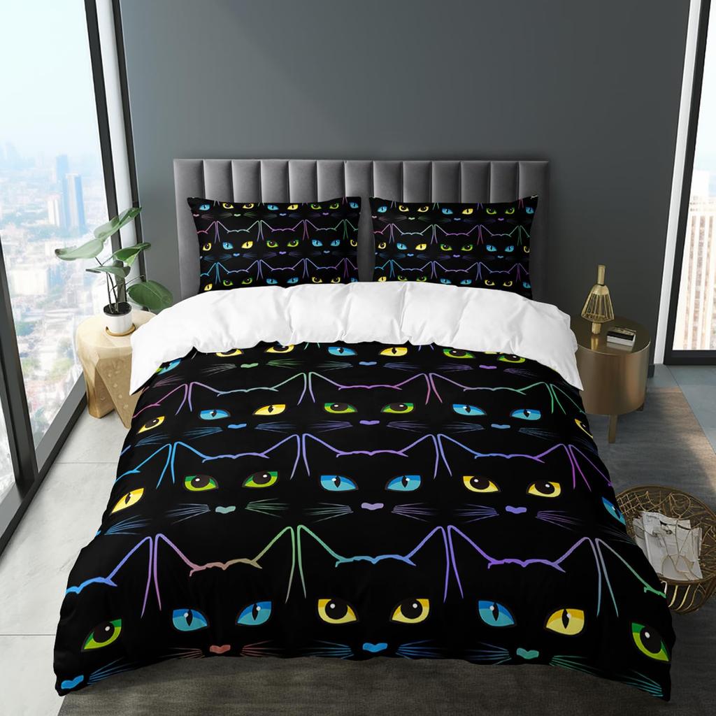 Black Cat Duvet Cover Set Gradient Line Cute Animal Bedding Set with Pillowcase Teens Kids Adults Room Decor Queen Duvet Covers