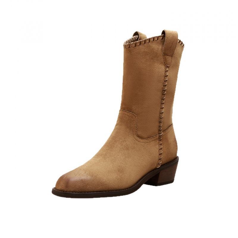 Leather Western Cowboy Boots Knight Boots Women's Maillard Skinny Thick Heel Pointed Short Boots Vintage Medium Martin Boots