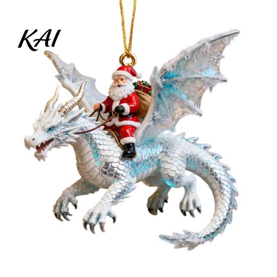 Santa Claus Riding Dragon Decor Rider Christmas Ornament, 2D Acrylic Red Tree Hanging Ornament with Flying Decorations for Home Parties Fantasy Style