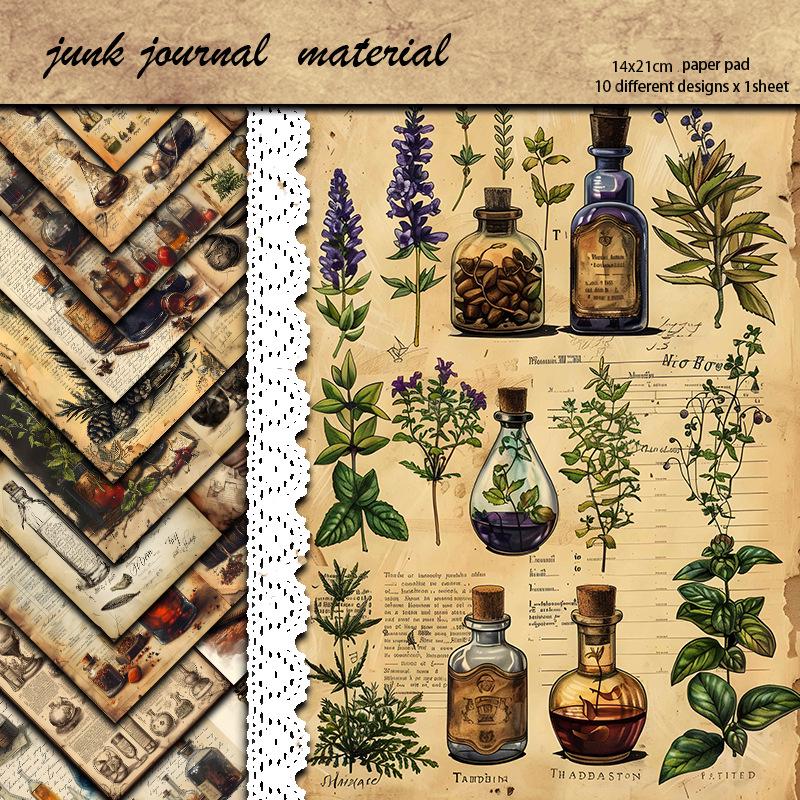 Retro Botanical Lab Material Paper: 10 Sheets of Flowers, Plants, Bottles Aged Pattern Decor