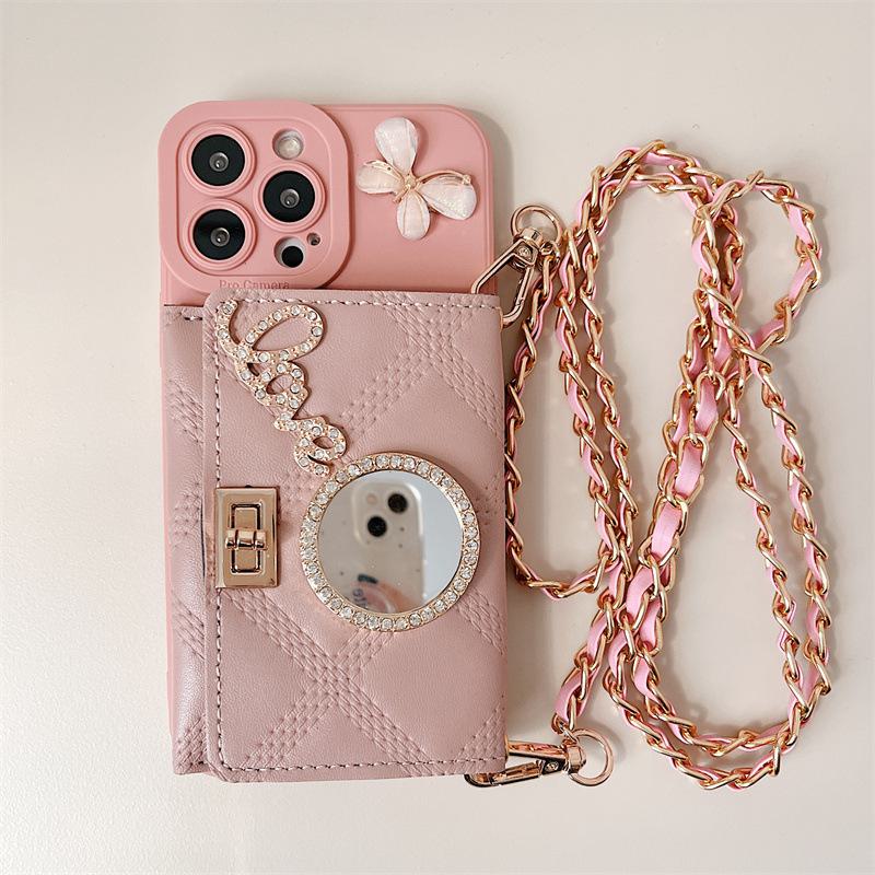 Apple 14Promax Silikonhülle mit Ketten-Geldbörse & Strass-Spiegel für iPhone 13-Göttinnen-Modell