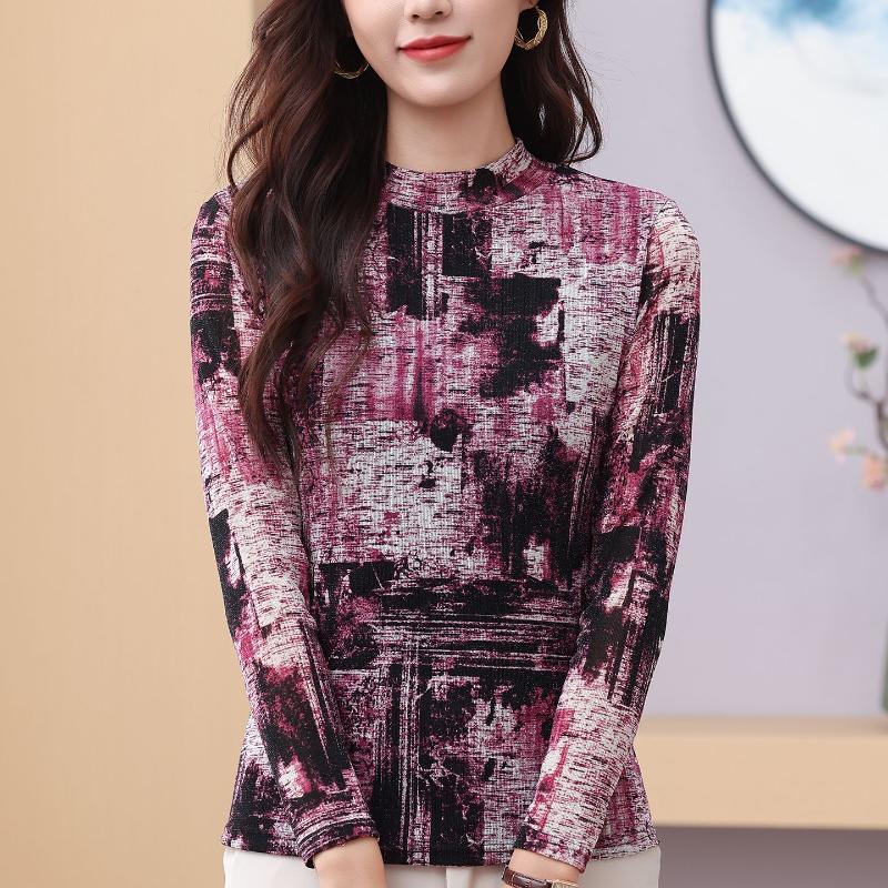 Half Turtleneck Mesh Bottoming Women's Autumn New Style Slim Stretch Printed T-shirt Long-sleeved Sexy Lace Top