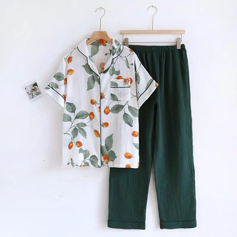2025 Japanese Summer New Women's Pajama Set Short Sleeve+Long Pants Two Piece Set 100%Cotton Thin Cardigan Home Furnishing Fresh