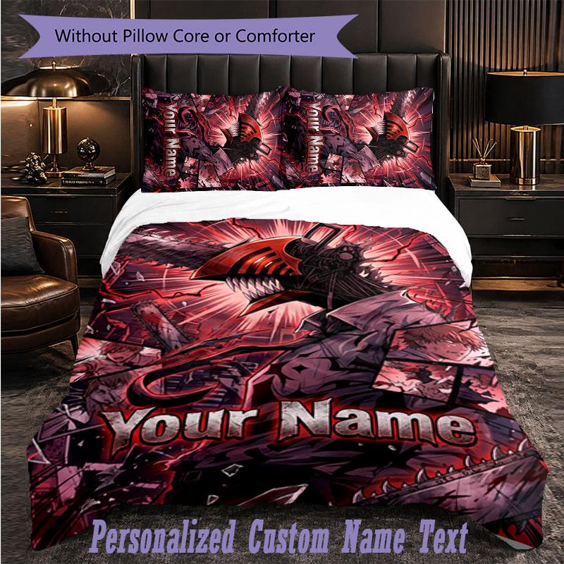 Personalized 3Pcs Bedding SetChainsaw Man Custom Text Duvet Cover Pillowcase Set Bedroom Gift
