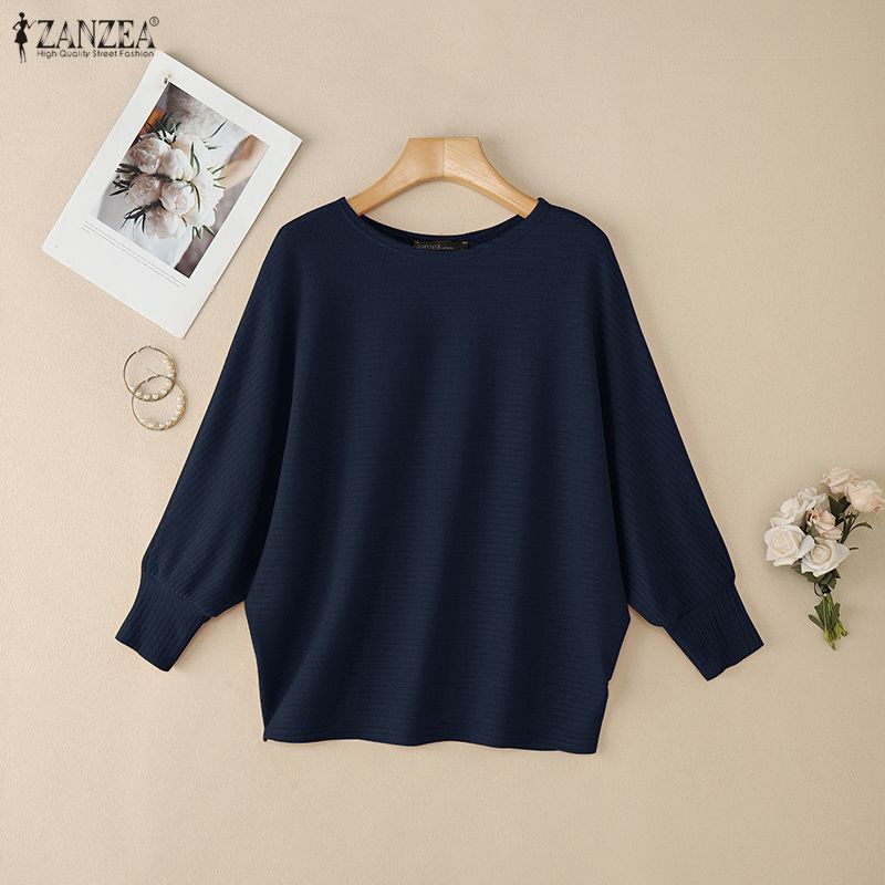 ZANZEA Women Casual O-neck Solid Color Bat Sleeve Rib Thin Blouse Tops