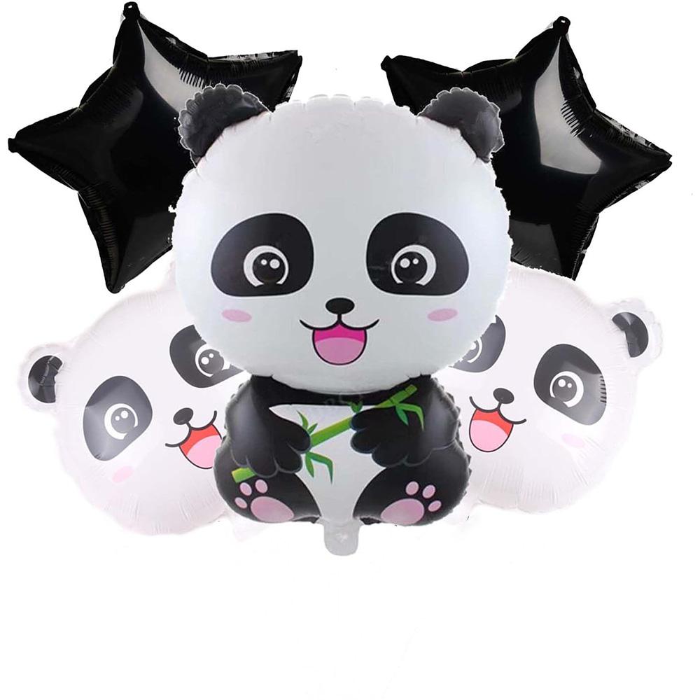 5-Piece Set of Panda Head and Five-Pointed Star Aluminum Foil Balloons, Suitable for Birthday Parties, Panda-Themed Birthday Party Decorations