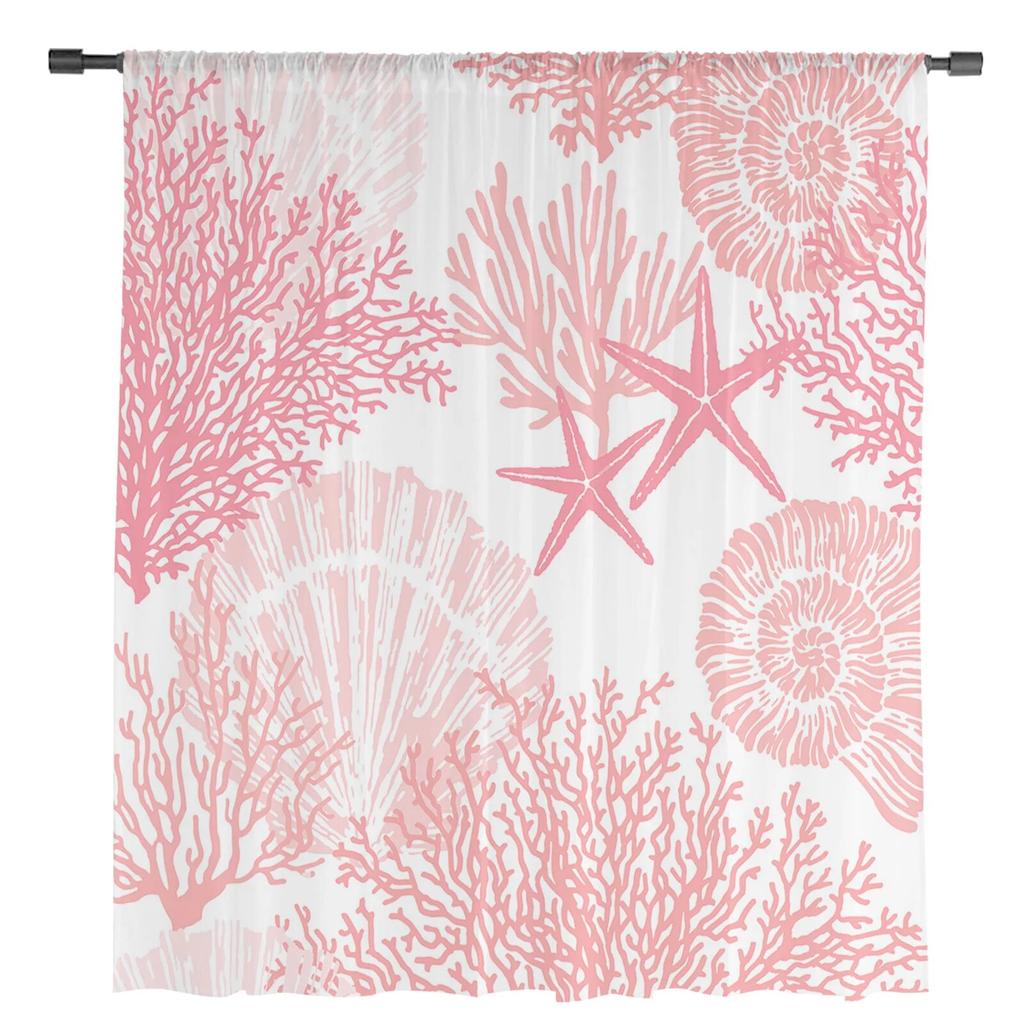 Rosa Ozean Korallen Muschel Seestern Abstrakte Fenster Tüll Vorhänge für Wohnzimmer Küche Home Decor Sheer Voile Vorhänge