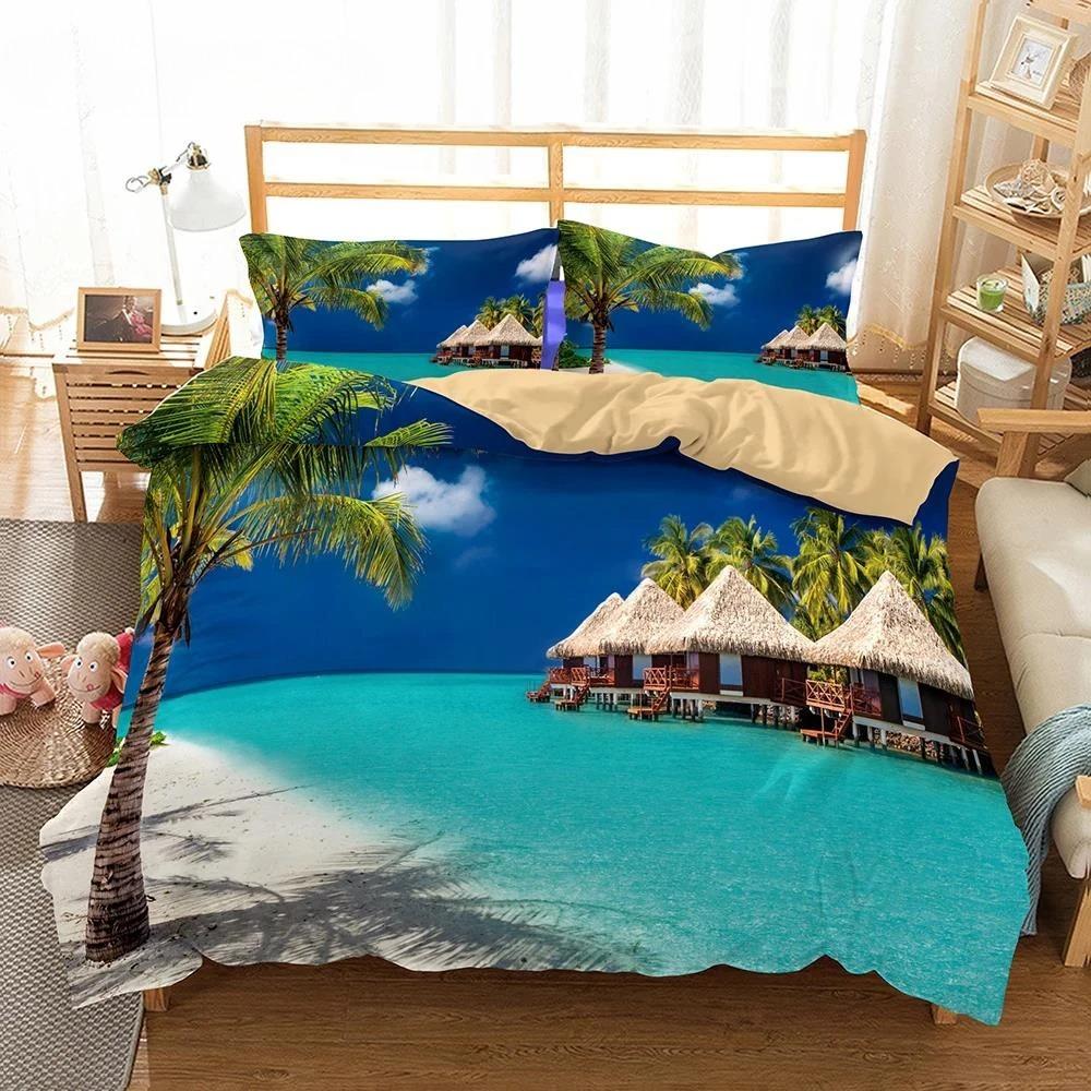 3D Bed Set Beautiful Beach Bedding Bed Sets Modern Quilt Cover+pillowcases Winter California King Bedding Sets Jogo De Cama Bed