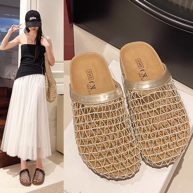 Mesh hollow thick bottom bag head half slippers women 2025 summer new retro fashion vacation wear cool slippers women