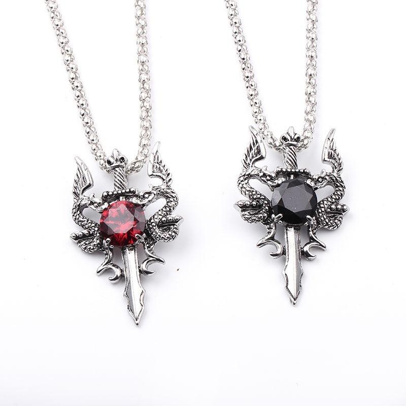New Personality Design Punk Style Red Dragon Sword Pendant Necklace for Men Goth Retro Cross Stainless Steel Collar Rock Jewelry