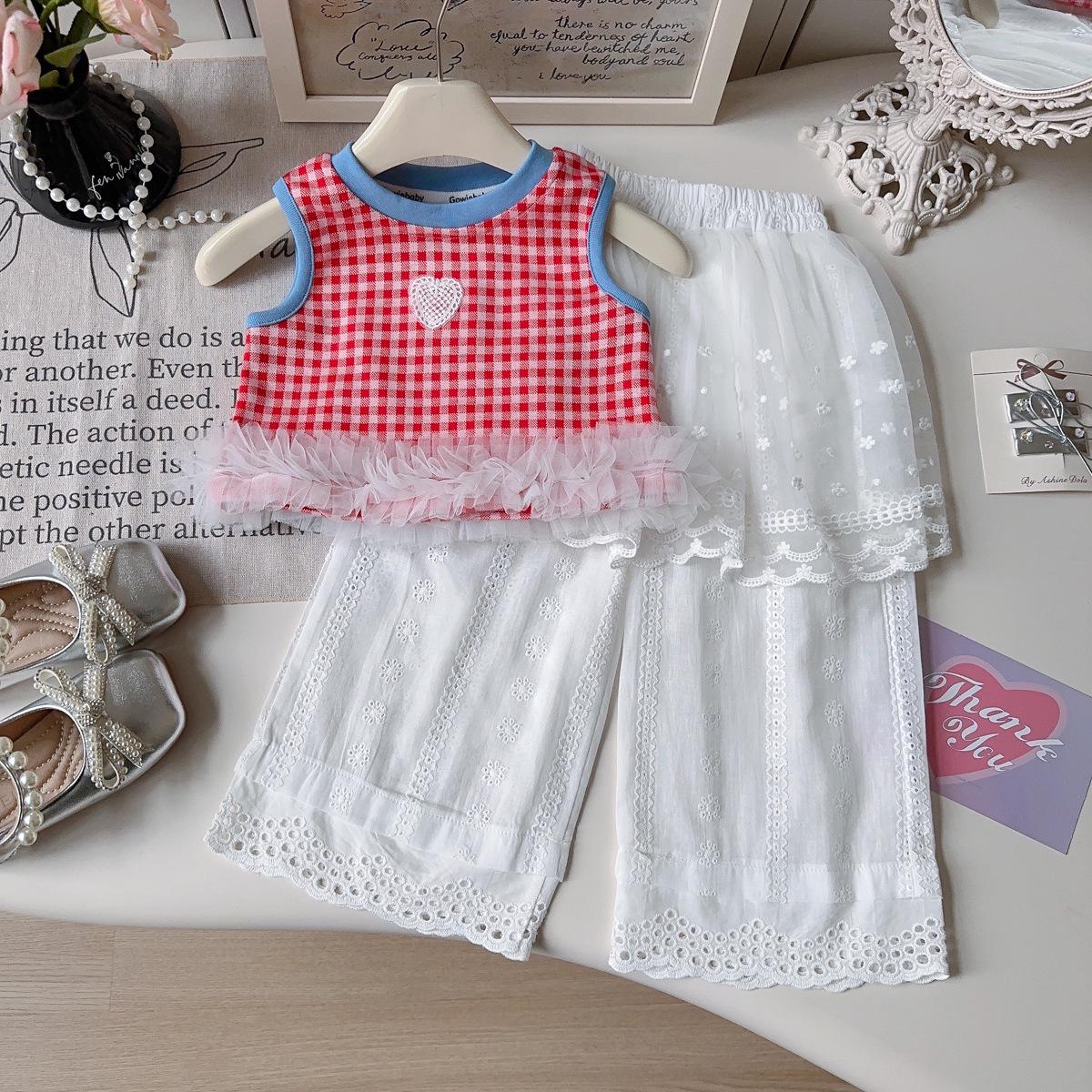 Стильный летний сет из сетчатой жилетки и длинных брюк для девочек Size 120