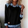 Abbigliamento donna europeo e americano ins colletto in denim maniche lunghe, maglione top a pullover con splicing in maglia