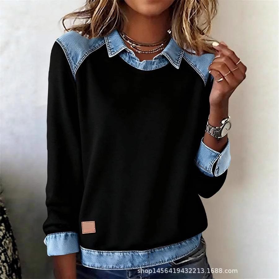 Abbigliamento donna europeo e americano ins colletto in denim maniche lunghe, maglione top a pullover con splicing in maglia