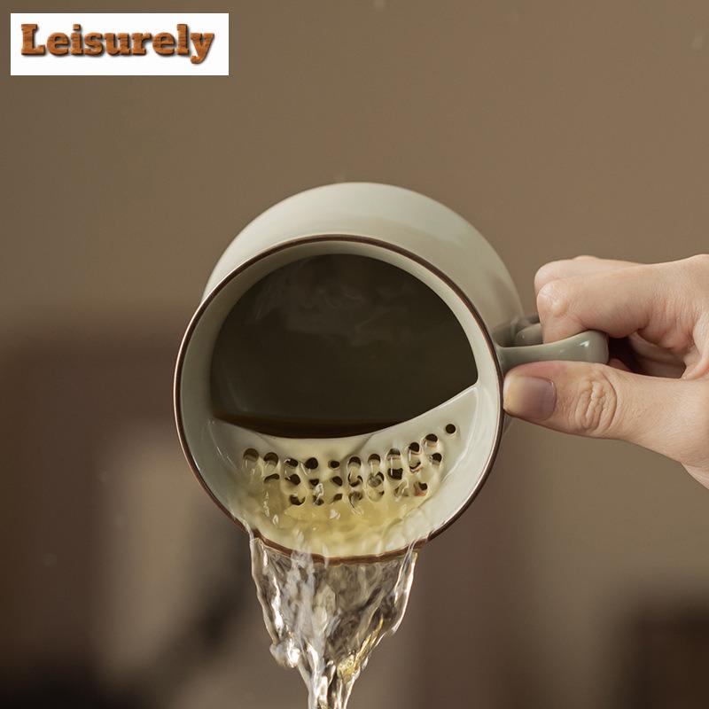 350ml Ru Kiln Yellow Cat Crescent Moon Filter Tea Separator Cup Japanese Tea Mug With Infuser Tea Soaking Office Water Cup Craft