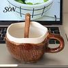 Ergonomic Handle Coffee Cup Vintage Coconut Shell Ceramic Mug, Handmade Irregular with Spoon, Durable Oatmeal Bowl Rustic Texture Breakfast