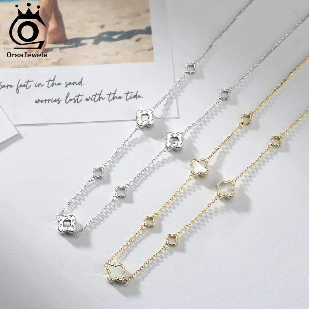 Colar de Corrente de Luxo Trevo Vazado ORSA JEWELS Presente de Festa de Banquete Prata 925 Trevo Quatro Flores Acessórios de Joalheria de Pescoço GMN61