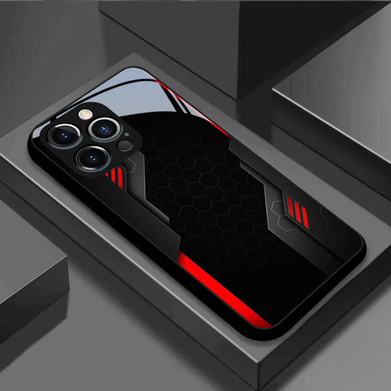 Tech inspired black and red tempered glass phone case suitable for iPhone 17 16 15 14 13 12 11 Pro Max Plus scratch resistant
