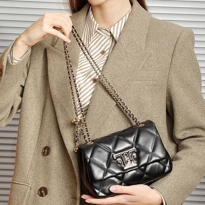 Rindsleder Rhombus Achseltasche, Leder Vielseitige Schulterketten-Tasche, Mode Schloss Kleine Quadratische Tasche