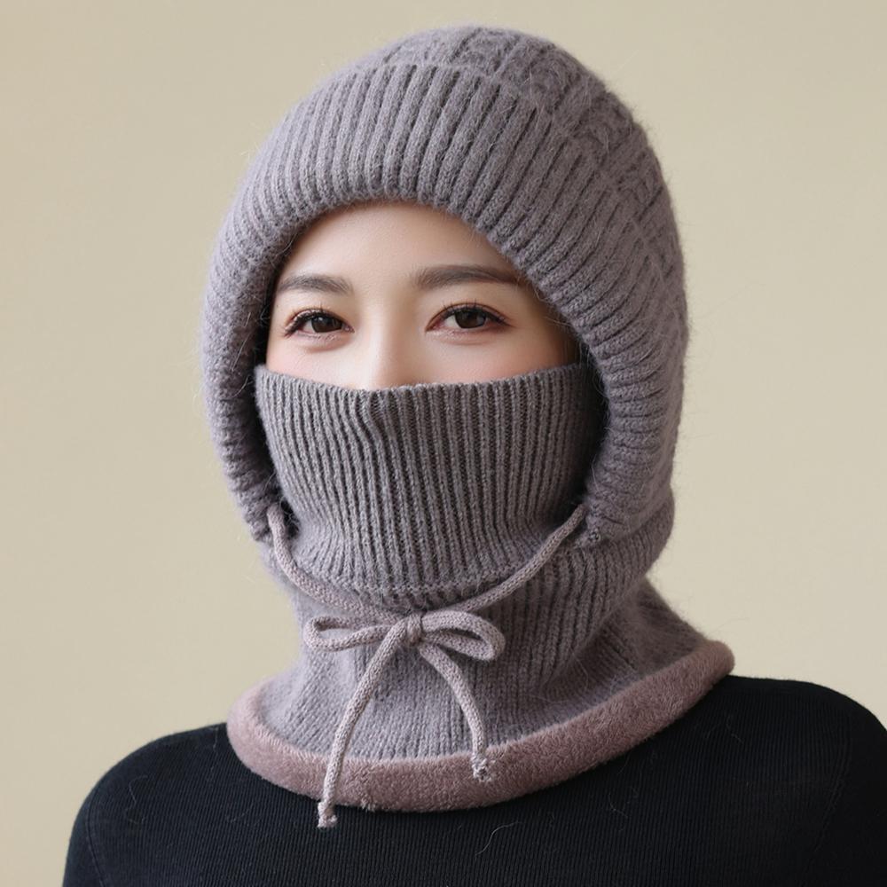 New Style Winter Women Keep Warm Knitted Hat Neck Protection Beanie Cap Fur Lined Warm Hats For Women Windproof Balaclava Cap