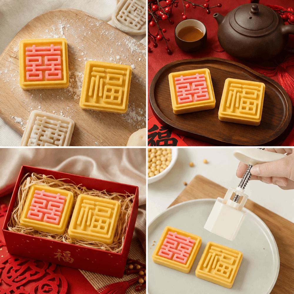 1 Mold And 2 Stamps Moon Cake Mold Square Shape Dessert Mold Pastry Mold  for Kitchen Use
