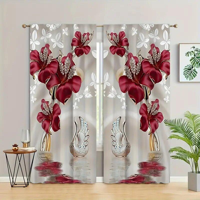 2 Pieces of Flowers Printed Curtains, Pole Bag Curtains 30*65, Bedroom, Living Room, Home Decoration, Room Decoration