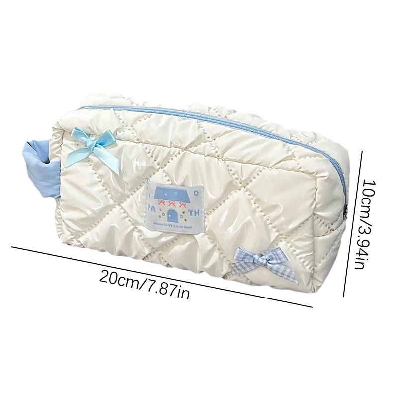 Blue Bow Zipper Pen Storage Bag Women'S Large Capacity Stationery Storage Pencil Case Student Office School Supplies