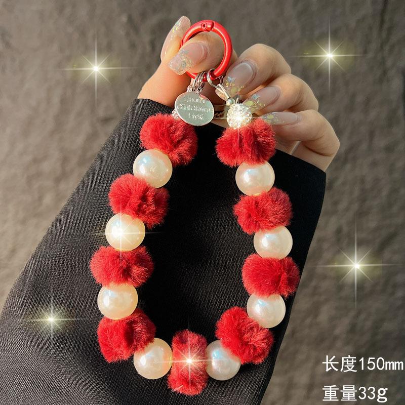 Autunno Inverno Peluche Cordoncino per Telefono Moda Perla Pompon Perline Catena Pendente per Telefono Corto da Polso Catena Portatile