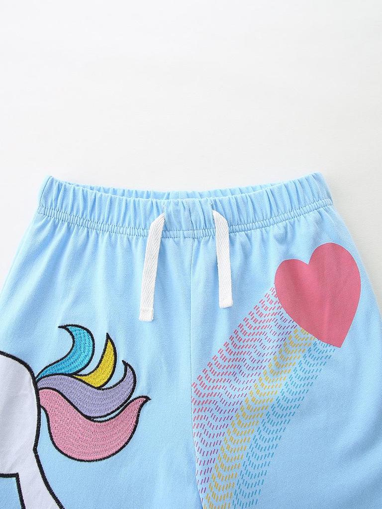 Girls' Unicorn Print Shorts & Top Set - European/American Style, Cute Summer Outfit