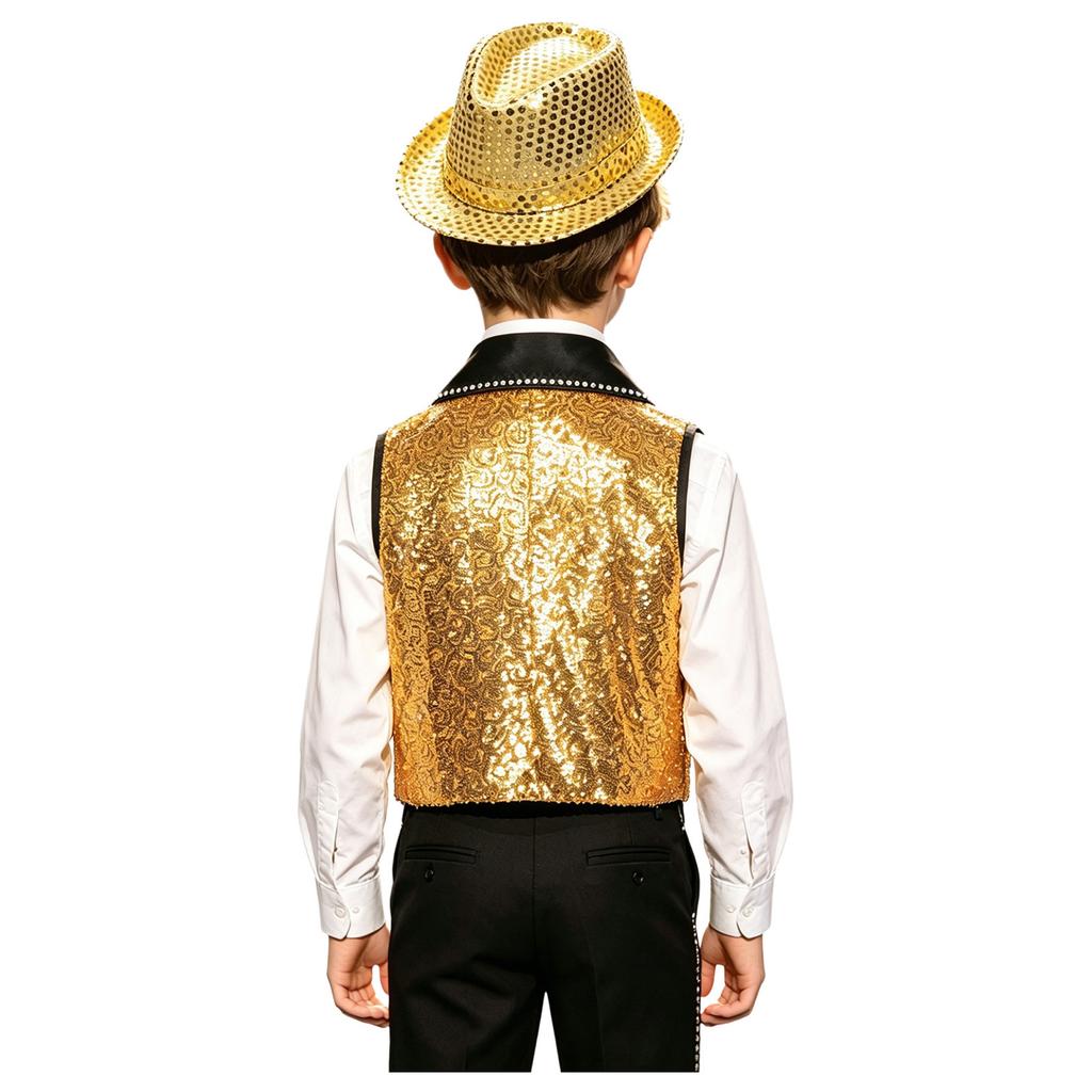 Boys Contrasting Lapel Collar Sleeveless Shiny Sequin Vest Sequined Hat Jazz Dance Performance Set