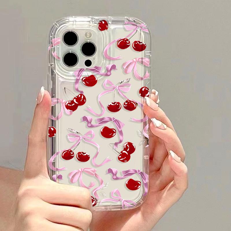 Pink Bowknot Cherry Phone Case For IPhone 17 Air 15 16 13 11 12 14 Pro Max 7 8 Plus Air 16e XR Shockproof Soft Clear Cover Coque