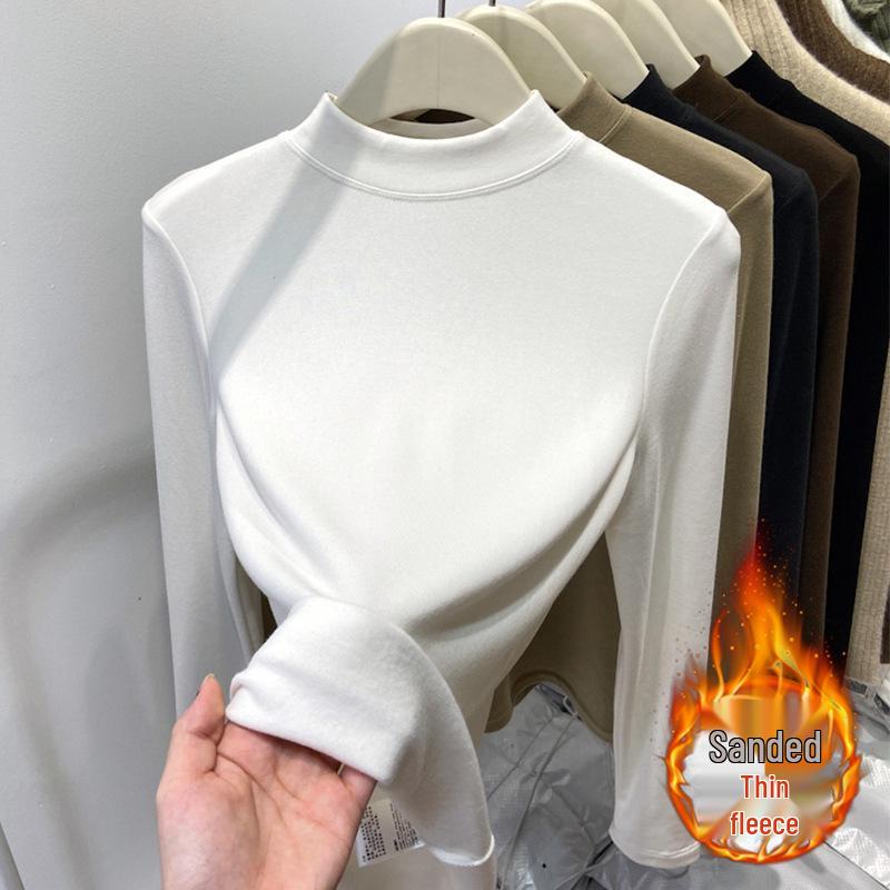 Women's Slim Fit Fleece-Lined Stand Collar Shirt, Brushed Thin Fleece, Long-Sleeve T-Shirt, Autumn/Winter 2025