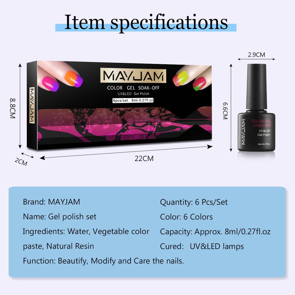 MAYJAM 6 pcs/set 8ml Nail Varnish Kit Jelly Series Nail Art Gel Long Lasting Soak Off Varnish Gel Women Fashion Nail Art Decoration UV Gel Polish