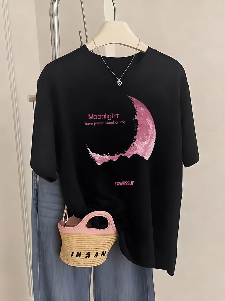 Beautiful Moonlight Prints T-Shirts Women Summer Comfortable Short Sleeve Tops Soft Loose T Shirt Basics O-Neck Womans Clothes