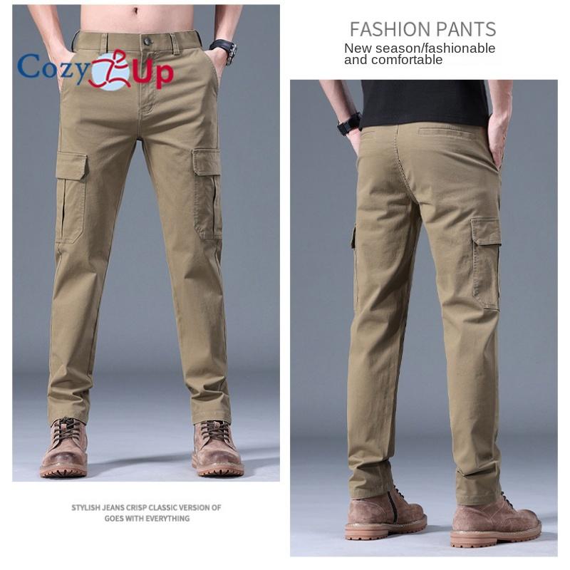 Cozy Up Men's Slim Fitting and Luxurious Small Straight Leg Workwear Pants, Fashionable and Versatile Elastic Casual Khaki Color Multi Pocket Pants