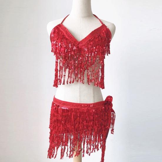 Belly Dancer Outfit Sequin Tassel Bra Top with Fringe Hip Scarf Set Sparkling Rave Party Costume for Women Girls