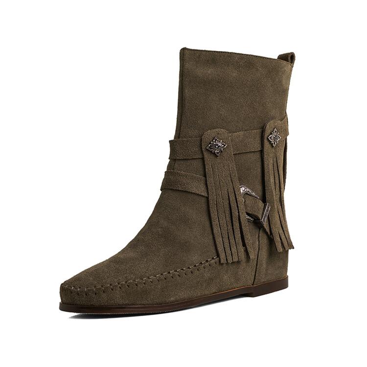 Fashion Cow Suede Rivet Belt Buckle Round Head Low Heeled Short Boots Fashionable Winter Tassel Short Plush Women's Ankle Boots Size 43