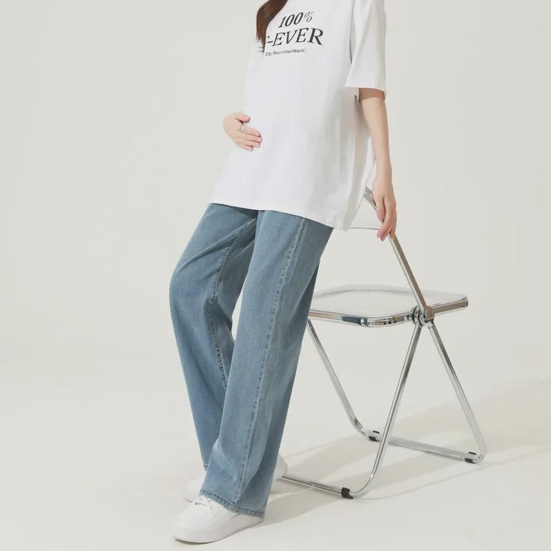 High Elastic Tencel Maternity Wide-Leg Jeans - Casual Summer Wear