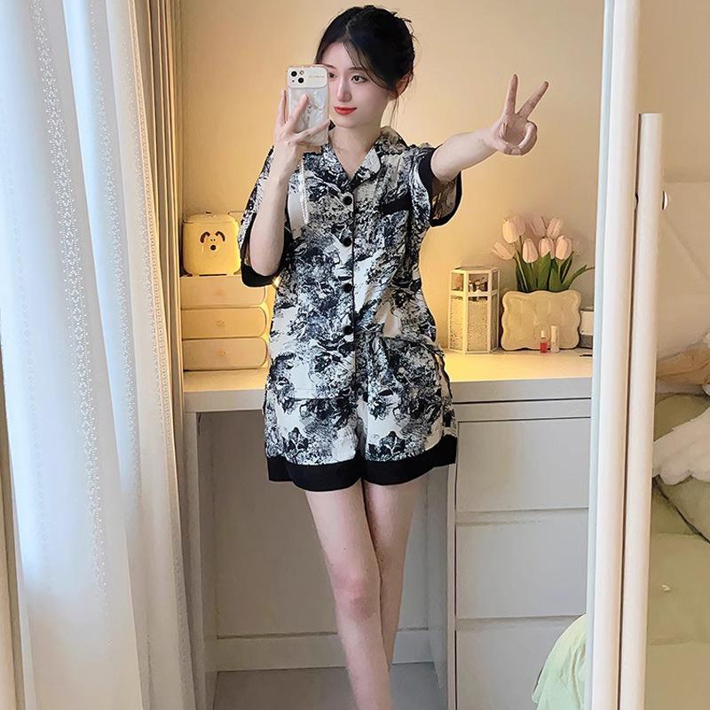 Ice Silk Pajamas Women'S Summer Short-Sleeved New Chinese Ink Painting High-End Lace Edge Thin Loungewear