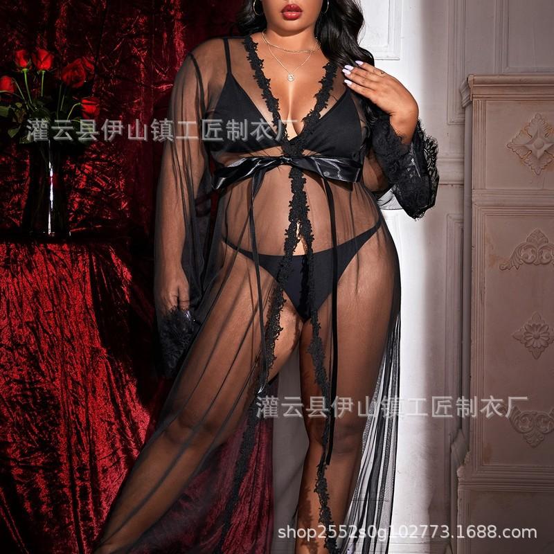 

SHEIN European and American long perspective bathrobe sexy passion seduction fun TEMU morning robe S чёрный