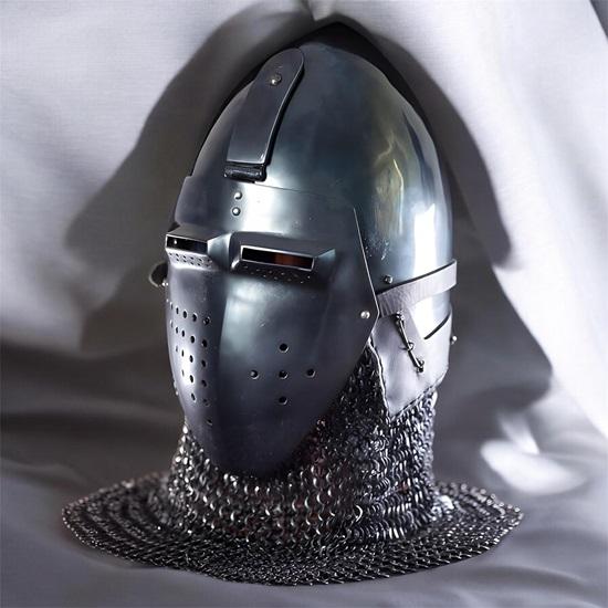 

Medieval Knight Bascinet Helmet Black Silver Steel Chainmail Armor LARP Cosplay Gift