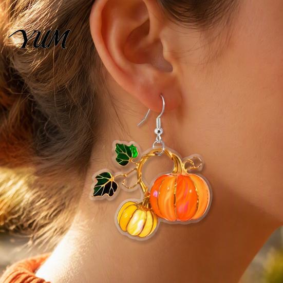 Cute Acrylic Pumpkin Drops 1 Pair Drop Earrings, 2D Fall Harvest Dangle Earrings Fun Seasonal Jewelry for Girls Women, Halloween Thanksgiving
