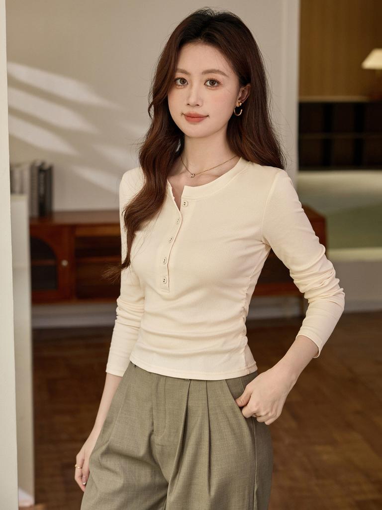 Cotton Long Sleeve T Shirt For Women With Ruffle Details And Round Neck For Office Wear