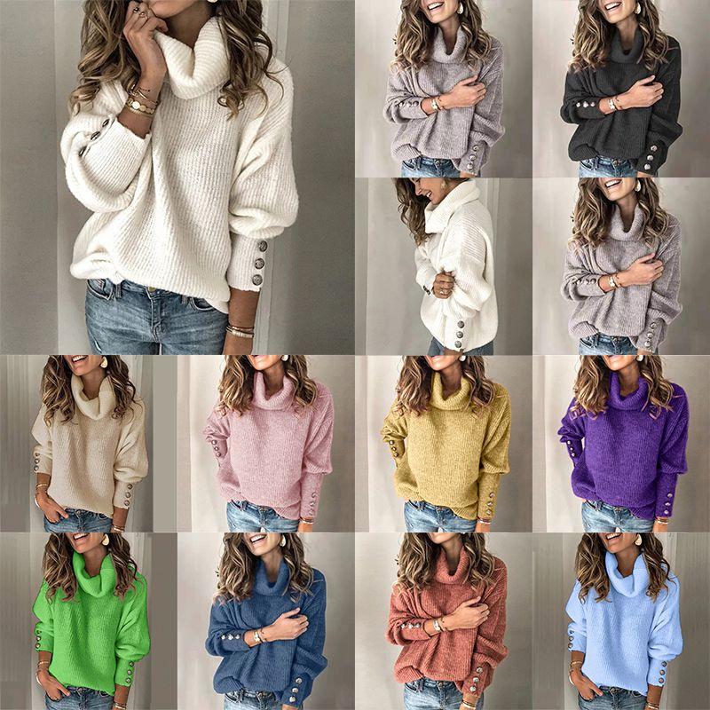 Cozy Women Long Sleeve Sweater High Neck Jumper With Stylish Button Decoration