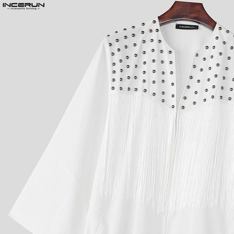 INCERUN Men Long Sleeve Open Front Tassel Rivet Patchwork Long Cardigan Tops
