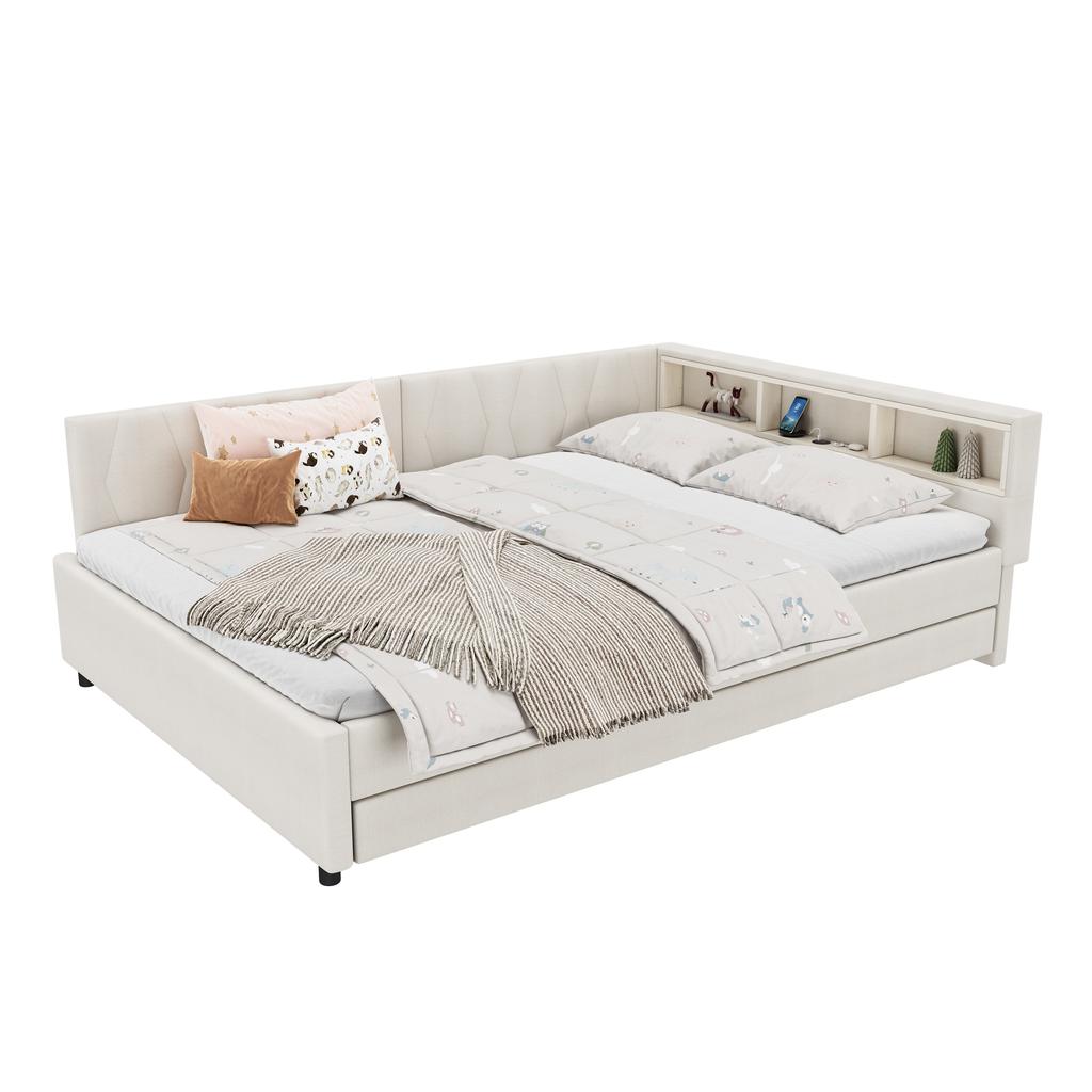 Daybed, 140x200cm, Storage Compartment on Bed, USB+Type C, With LED Light Strip, Pull-out Bed, Slatted Frame (without Mattress), Linen, Beige