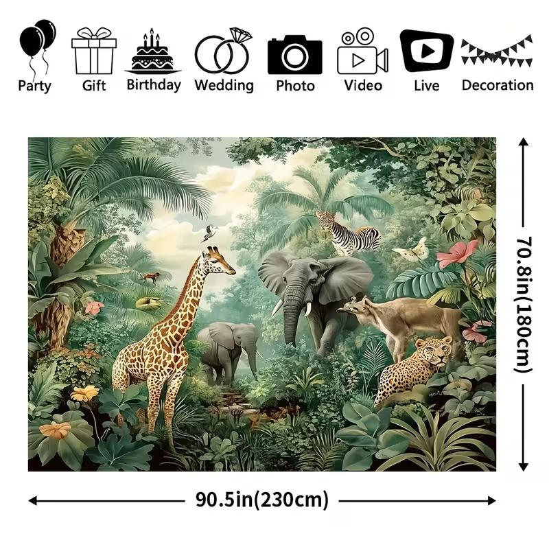 Retro Safari Backdrop with Wildlife and Lush Greenery Photography Background Cloth