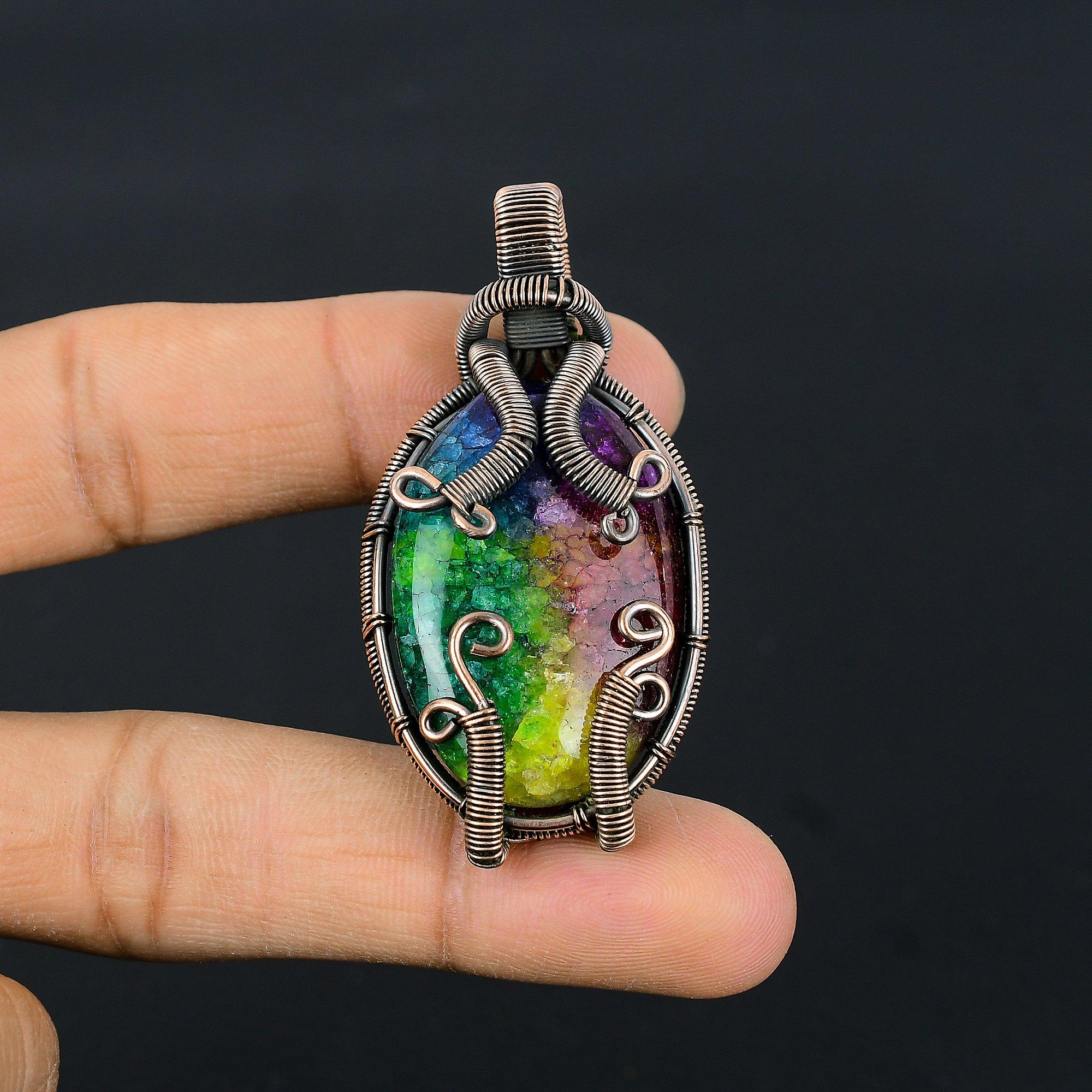 

Кулон из Радужного Солнечного Кварца, обернутый медной проволокой 999 пробы, Ювелирное изделие с подвеской из драгоценного камня ручной работы, Подарки для жены, Новая подвеска 2.55 Inches