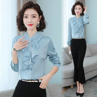 Chiffon Blouse Women's Spring Autumn New Standing Collar Long Sleeved Professional Shirt Solid Color Ruffle Bottoming Top