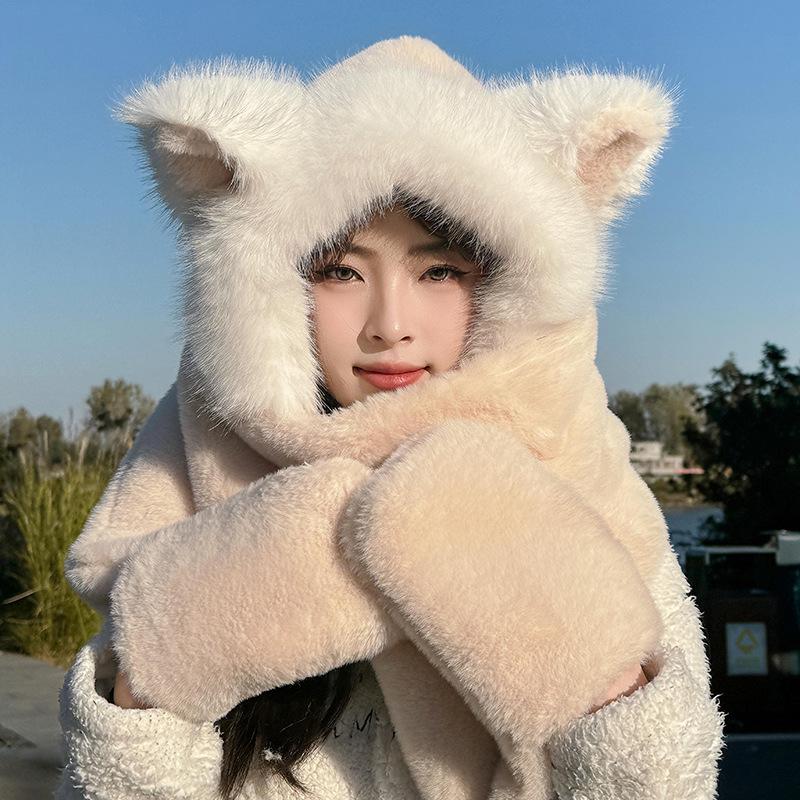 Winter female cute fox ear hat double layer thickened scarf hat gloves three-piece warm plush pullover hat